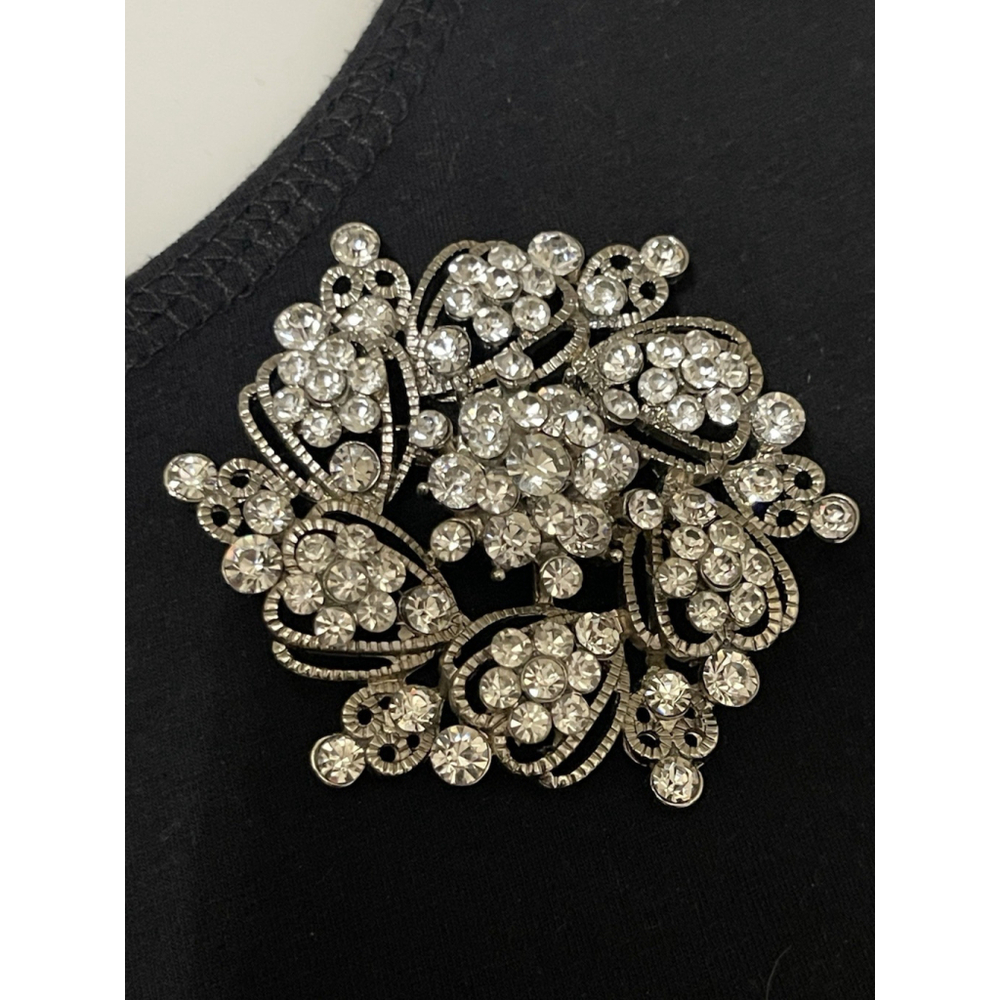 Brooch Pin Corsage VTG Silver Tone Clear Rhinestones Floral Statement 2.5”